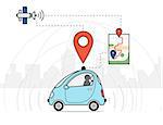 Flat infographic illustration of self-driving intelligent controlled driverless car with navigation sensor and satellite