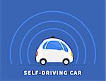 Self-driving car flat illustration on blue background. Conceptual symbol of intelligent controlled driverless car with sensors