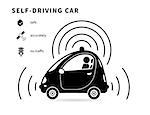 Self-driving car black icon with safety transportstion, smart navigation and no traffic icons. Conceptual symbol of intelligent controlled driverless car