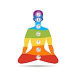 Yoga lotus pose with chakras for your design. Vector illustration