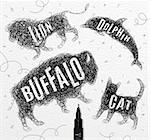Pen hand drawing tangle wild animals buffalo, cat, dolphin, lion,  with inscription names of animals drawing on paper background