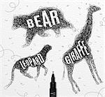 Pen hand drawing tangle wild animals bear, giraffe, leopard with inscription names of animals drawing on paper background