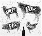 Pen hand drawing tangle wild animals chicken, cow, pig, sheep,  with inscription names of animals drawing on paper background