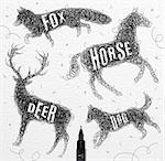Pen hand drawing tangle wild animals deer, horse, fox, dog  with inscription names of animals drawing on paper background