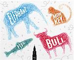 Pen hand drawing tangle wild animals elephant, monkey, bull, fish with inscription names of animals drawing with color ink on paper background