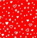 Hand drawn seamless doodle pattern with irregular hearts, sircles and spots, red and white vector illustration