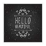Saint Valentine's day greeting card.  Hello beautiful. Typographic banner with text and glasses of champagne on chalkboard background.