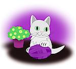 Cute  little cat  playing with a purple yarn ball.