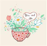 Romantic background with pink cup of coffee and flowers