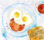 Breakfast painted with watercolors on a plate scrambled and a croissant as a person with smile a fork and tea with breakfast lettering lovely breakfast lovely day