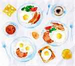 Breakfasts painted watercolor set on a plate eggs bacon lettuce tomato a cup of coffee with a fork, juice, tea, toast,