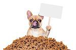 hungry bulldog dog behind a big mound or cluster of food with empty blank blackboard  , isolated on white background