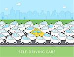 Flat infographic illustration of traditional taxi car with many self-driving intelligent driverless cars around