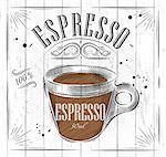 Poster coffee espresso in vintage style drawing on wood background