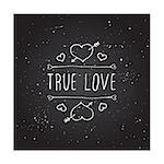 Saint Valentines day greeting card.  True love. Typographic banner with text and hearts on chalkboard background. Vector handdrawn badge.