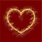 Vector gold heart with shiny sparkles on red background