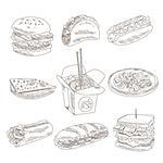 Fast Food Doodle Vector illustration in sketch style. Hand drawn design elements.