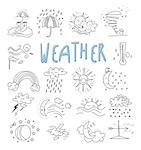 Hand draw cartoon weather events doodle icons set