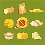 Different Types of Cheese, Flat Vector Illustration Collection