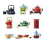 Tea Cup and Kettle Set. Flat Vector Illustration Collection