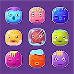 Funny colorful square faces set, cute emotional  cartoon vector avatars