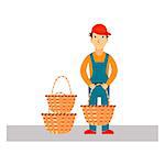 Delivery Man with Baskets, Flat Vector Illustration