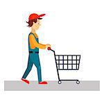 Delivery Man with Empty Cart, Flat Vector Illustration