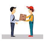 Delivery Man Gives Package, Flat Vector Illustration