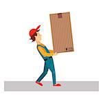 Delivery Man with Big Package, Flat Vector Illustration