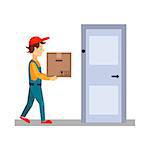 Delivery Man at Door with a Box, Flat Vector Illustration