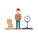 Delivery Man with Boxes and Scales, Flat Vector Illustration