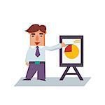 Business man with flip chart cartoon character flat vector illustration