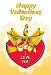 Valentine day heart shaped card with silk bow and ribbon