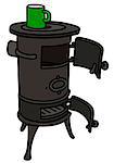 Hand drawing of an old stove with a green small pot