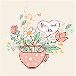 Valentine card with pink cup of coffee and flowers