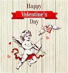 Vintage hand drawn Valentine card with cupid and heart