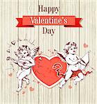 Vintage hand drawn Valentine card with two cupids and red heart