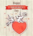 Vintage hand drawn Valentine card with two doves and red heart