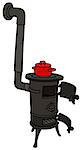 Hand drawing of an old small stove with a red pot