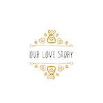 Saint Valentine's day greeting card.  Our love story. Typographic banner with doodle heart shaped chocolate candies. Vector handdrawn badge.