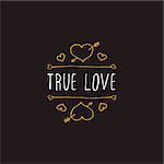 Saint Valentines day greeting card.  True love. Typographic banner with text and hearts on black background. Vector handdrawn badge.