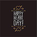 Saint Valentines day greeting card.  Happy Heart day. Typographic banner with text and hearts on black background. Vector handdrawn badge.