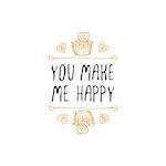 Saint Valentines day greeting card.  You make me happy. Typographic banner with doodle heart shaped cookies and cupcakes on white background. Vector handdrawn badge.