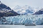 A tourist ship explores the Lamplugh Glacier in Glacier Bay National Park and Preserve, southeast Alaska, United States of America, North America