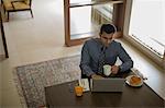 India, Elevated view of businessman working at home