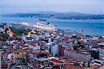 Bosphorus Strait and cruise ship at night seen from Galata Tower, Istanbul, Turkey, Europe