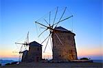 Illuminated windmills of Chora, Patmos, Dodecanese, Greek Islands, Greece, Europe