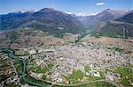 Aerial view of Sondrio and Bernina Group, Lower Valtellina, Lombardy, Italy, Europe