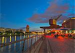 Restaurant beneath old dockyard crane by River Main, Frankfurt-am-Main, Hesse, Germany, Europe