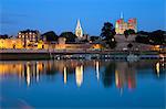 Rochester Castle and Cathedral on the River Medway at night, Rochester, Kent, England, United Kingdom, Europe